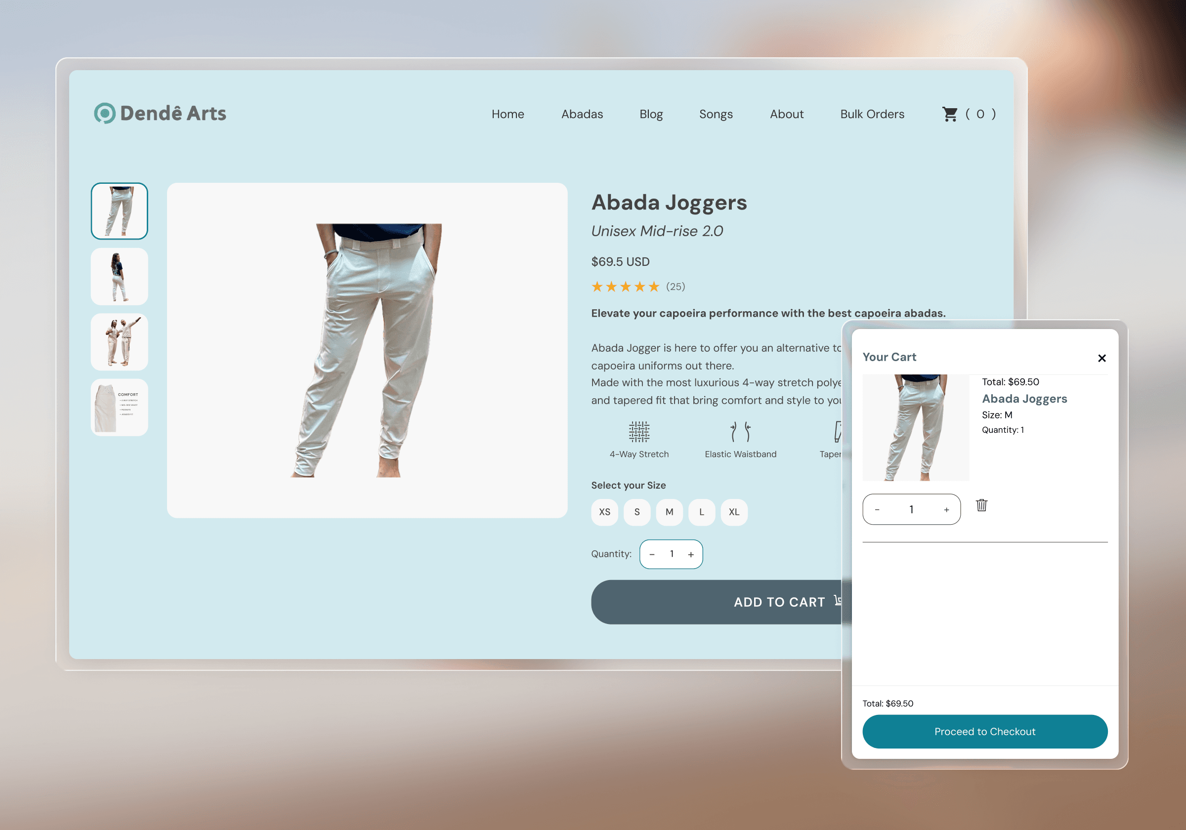 Dendê Arts product page showing the white Abada Joggers capoeira pant at $69.50, with size options and an open cart panel.